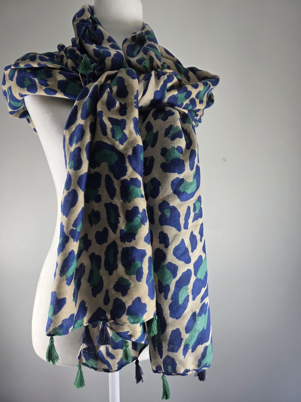 Women’s Leopard Print Scarf Wrap – Navy Blue Green & Tan Tassel Trim